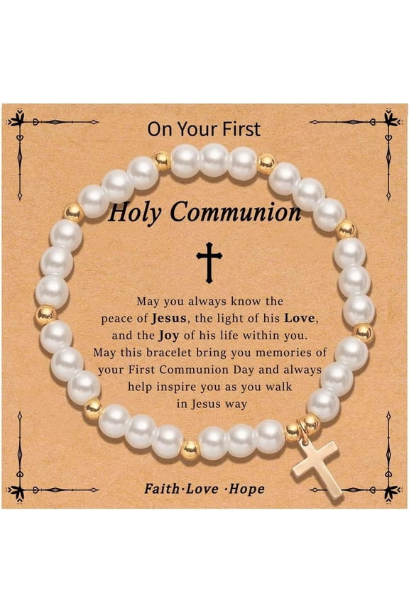 Catholic Gifts for Women, Cross Charm Pearl Bracelet Religious Baptism First Communion Confirmation Birthday Jewelry Gifts for Daughter Granddaughter Sister Niece