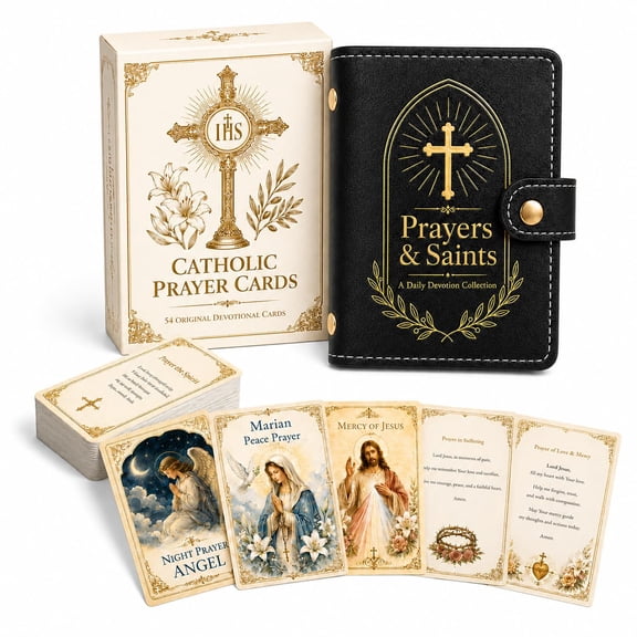 Catholic Holy Card Gift Set with Faux Leather Holder, 54 Prayer Cards Pocket Organizer Wallet for First Communion Confirmation Sunday School Gifts
