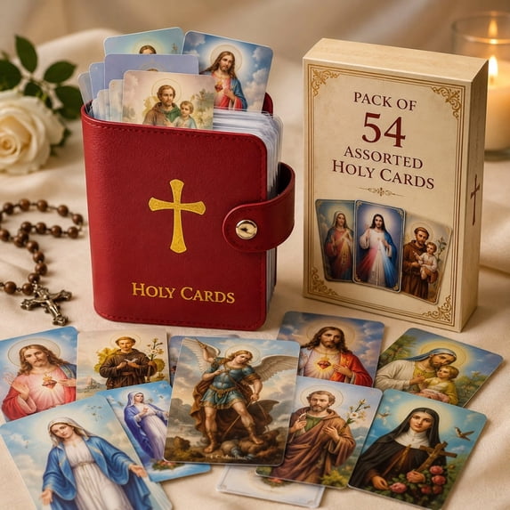 Catholic Holy Card Holder, 5.5x3.9Inch Faux Leather Closure Prayer Card Organizer, 54 Assorted Religious Devotional Cards Set