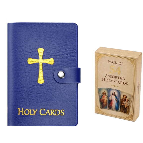 Catholic Holy Cards with Faux Leather Zipper Pouch - 54 Assorted Religious Prayer Cards for Daily Devotion, Religious Gifts for Catholics, Bible Study Supplies