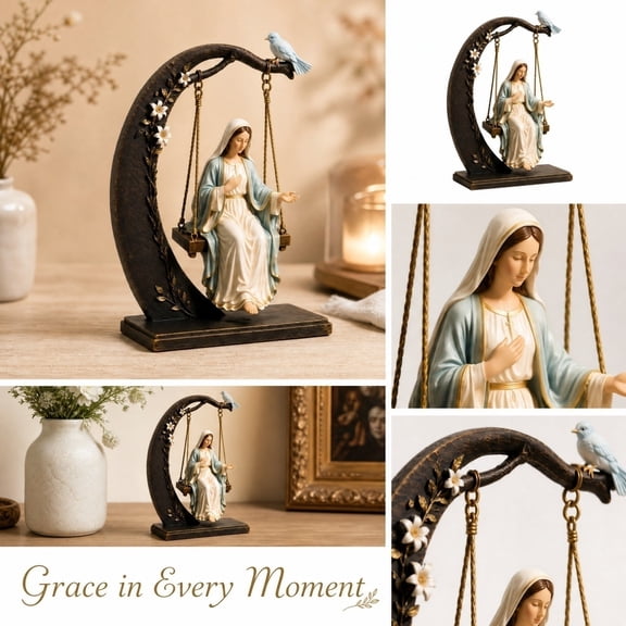 Catholic Home Decor, Mother Mary Statue, Bird Figurines Home Decor, Spiritual Decor, 7X6X2 Inch Tabletop Resin Figurine with Engraved 1:46-47 Scripture, Swing Design Accent for