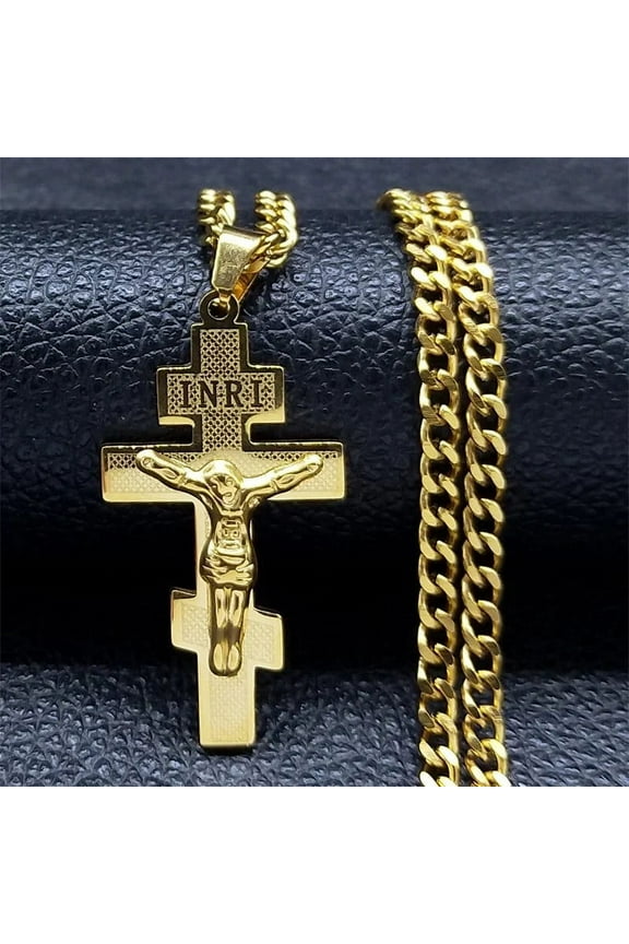 Catholic INRI Caravaca Cross Crucifix Cherub Angel Necklace Women Men 14K Yellow Gold Orthodox Necklaces Jewelry