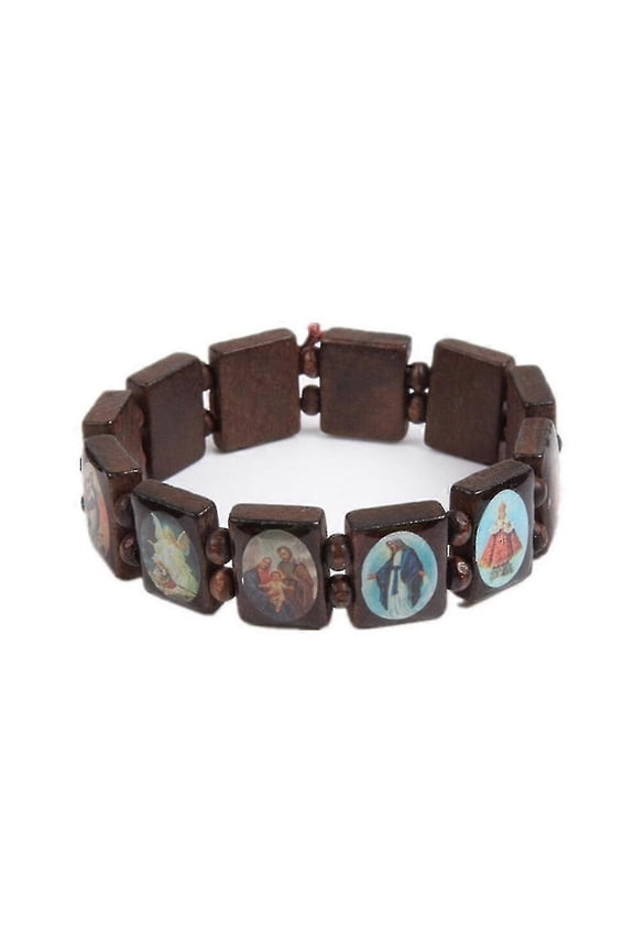 Catholic Jesus Bracelet Mary Angel Bangle Wood Stretch Faith Religious Icon Jewelry