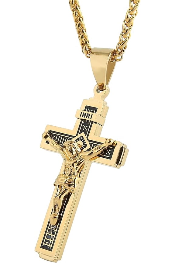Catholic Jesus Christ on INRI Cross Crucifix Gold Silver Tone stainless steel Pendant Necklace 22+2 Chain