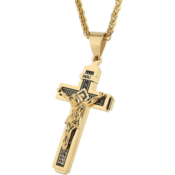 Catholic Jesus Christ on INRI Cross Crucifix Gold Silver Tone stainless steel Pendant Necklace 22+2 Chain