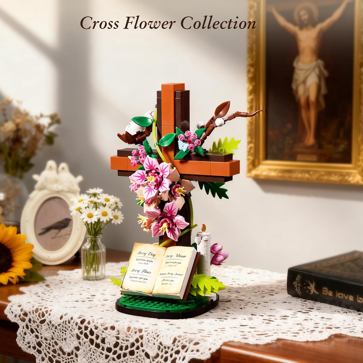 Catholic Jesus Cross Flower Building Blocks Set 568pcs Religious Bricks Toys Easter, Christian, Birthday Gifts Kit
