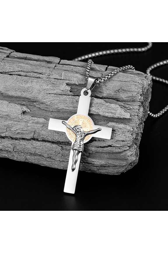 Catholic Jesus Cross Necklace 14K White Gold Saint Benedict Pendant Religion Prayer Faith Jewelry for Men Women Gift