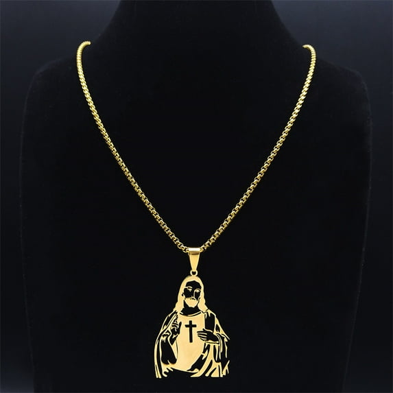 Catholic Jesus Cross Pendant Necklace for Women Men 14K Yellow Gold Holy Christian Chain Jewelry collar