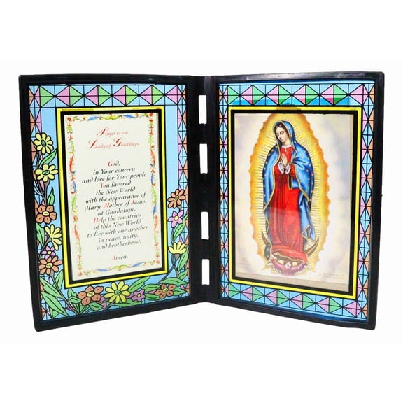 Catholic Our Lady Of Guadalupe Mary Stained Glass Art Plaque With Prayer Panel