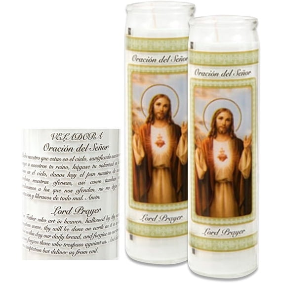 Catholic Prayer Candles - Set Of 2 Religious Candles - Real Wax (White Poured, Unscented) Candles - Extra Long Burn Time - Prayer Printed On Each Candle - Church Vigil Devotional (Pack of 2)