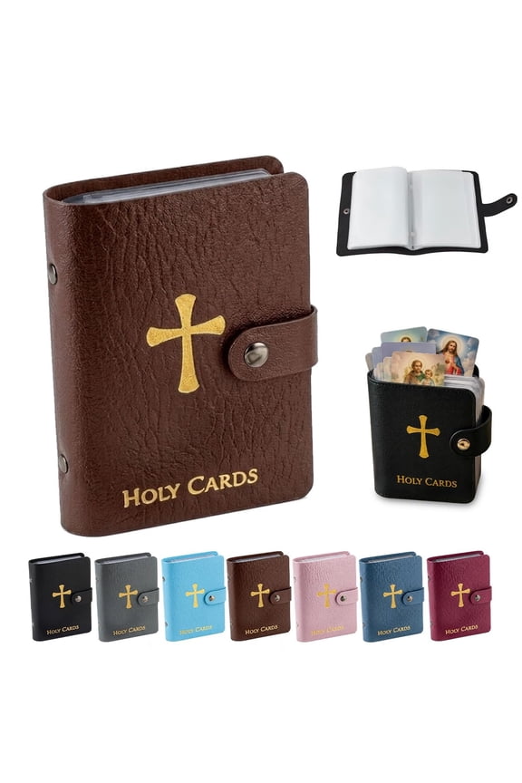 Catholic Prayer Card Holder, Genuine Leather Holy Wallet, Pocket Prayer Card Organizer with Snap Closure with 40 Sleeves Album Book Religious Spiritual Gift Traveling Display Protectors