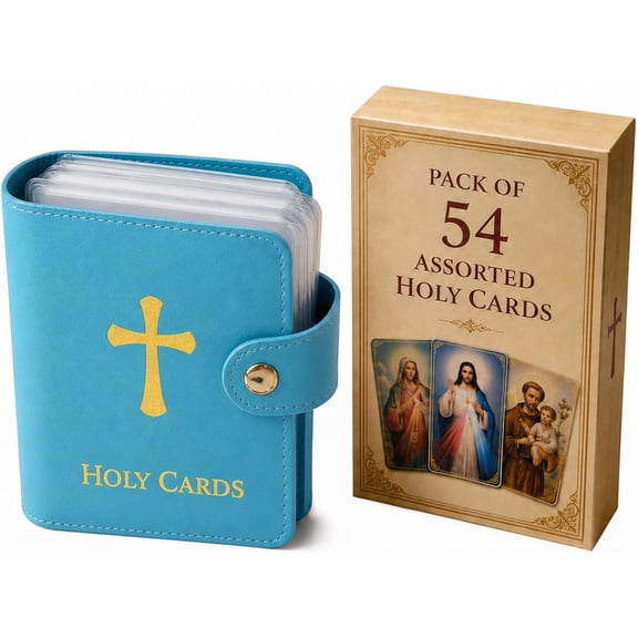 Catholic Prayer Card Set, 54 Cards with Leather Holy Card Holder, Pocket Organizer Book with Snap Closure for Mass, Daily Prayer, Religious Gifts