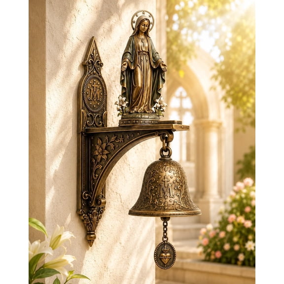 Catholic Religious Our Lady of Grace Wall Bell, Bronze Miraculous Medal Virgin Mary Statue, Vintage Hanging Bell Decor for Home Entryway Church Porch Prayer Chapel Gift