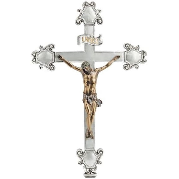 Catholic & Religious Ornate Crucifix in Two Tone Finish. Cold cast Bronze Corpus on a Pewter Style Cross with Gold Trim