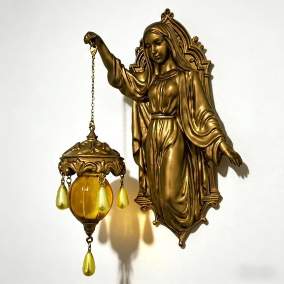 Catholic Retro Art Wall Lamp - Vintage Style Wall Sconce with Frosted Crystal, Battery Operated Magical Wall Lamp for Bedroom, Bathroom, Living Room, Fantasy-Themed Decorative Lighting (D)