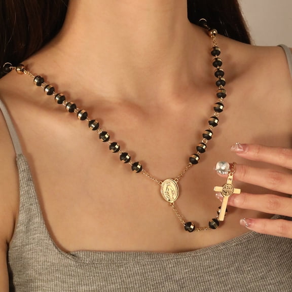Catholic Rosaries Beaded Prayer Cross Pendant Necklace Rosary Prayer Long 14K Yellow Gold Necklaces Collier Jewelry
