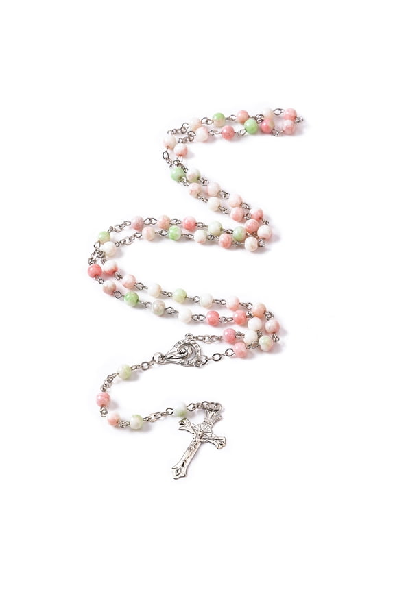 Catholic Rosary Beads Necklace, 4 Color Variations Water Dyed Porcelain Beads with Silver Crucifix, Perfect for Prayer and Devotion, YQZIYOU