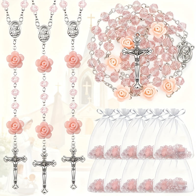 Catholic Rosary Beads Necklace for Women Crystal Beads Flowers Necklace Rosaries Prayer Gifts with Organza Bags for First Communion Confirmation Christmas Baptism Favors