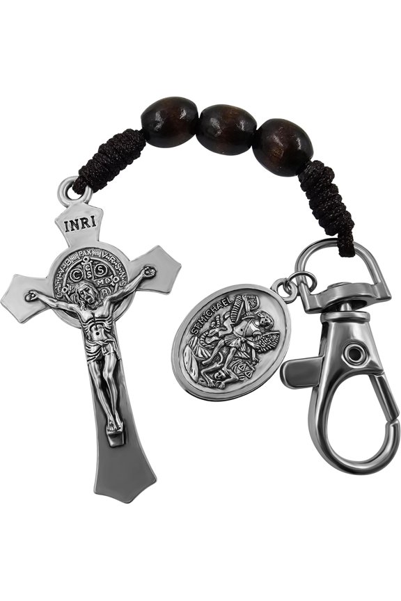 Catholic Rosary Keychain for Car St Benedict Cross Saint Michael Guardian Angel Medal Pocket Rosary Key Chain Religious Accessory Wood Beads