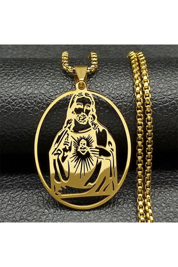 Catholic Sacred Heart Of Jesus 14K Yellow Gold Necklace for Men Women Gold/Silver Color Scapular Chain Jewelry
