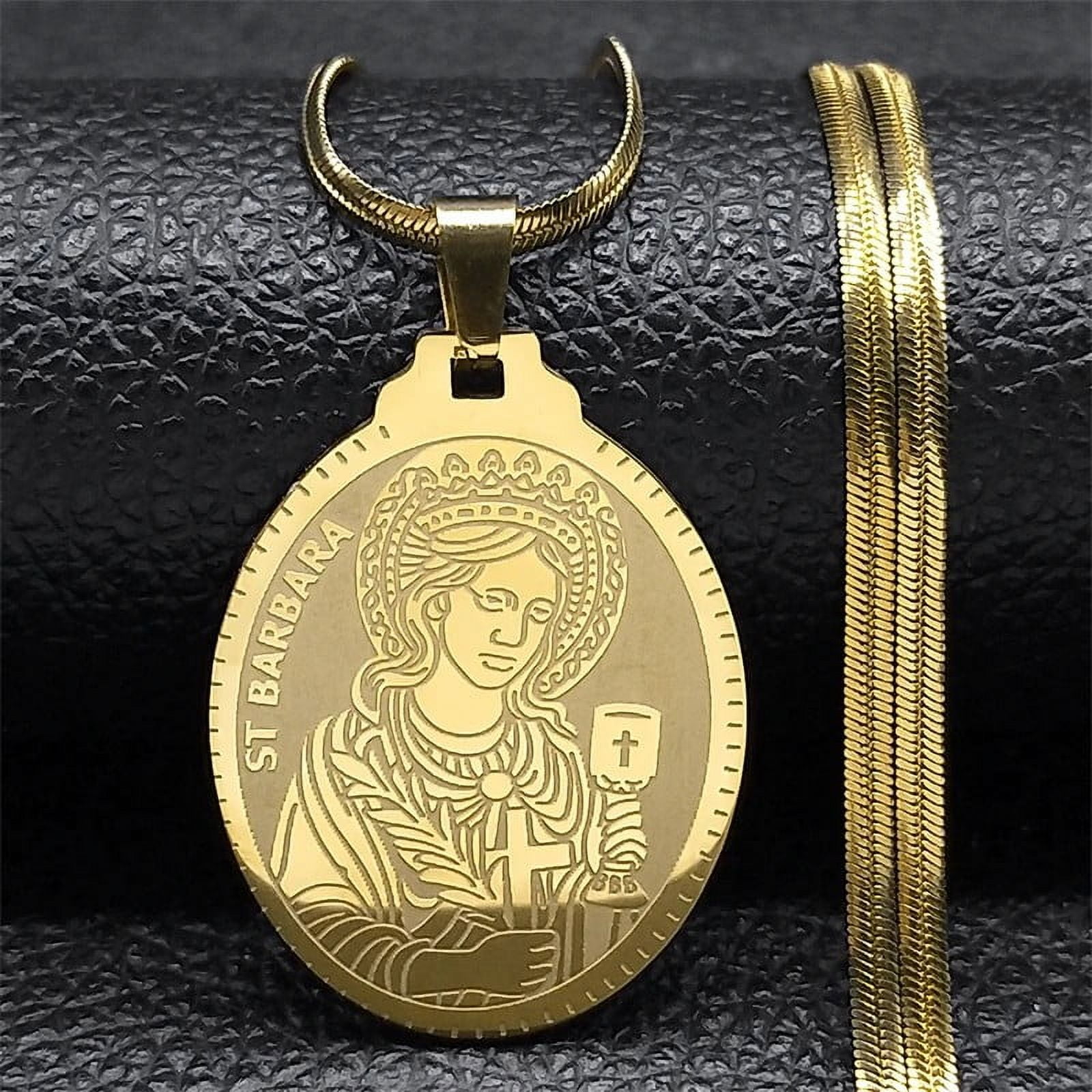 LORDGOLD Catholic Saint Barbara Medal Necklace 14K Yellow Gold Chain for Men Women Necklaces Jewelry Santa Brbara