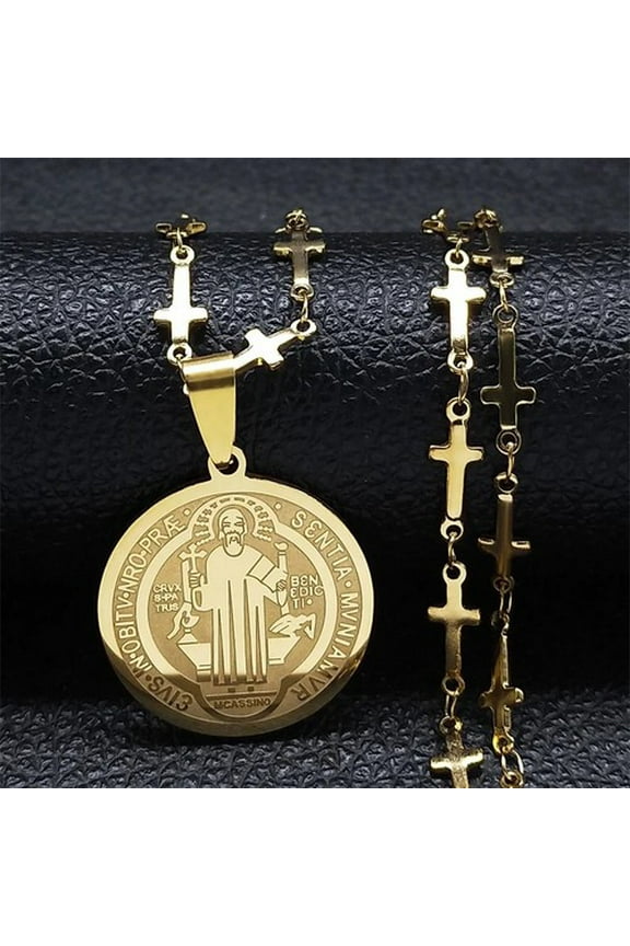 Catholic Saint Benedict Medal 14K White Gold Necklace for Women Men Gold Color Jesus Cross Chain Jewelry san benito
