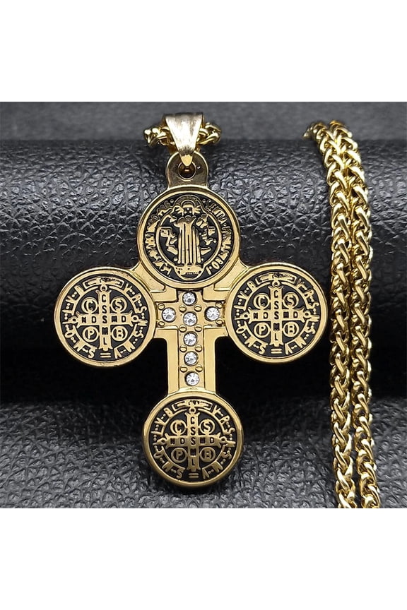 Catholic Saint Benedict Medal Cross Pendant Necklace for Women Men 14K Yellow Gold San Benito Chain Jewelry