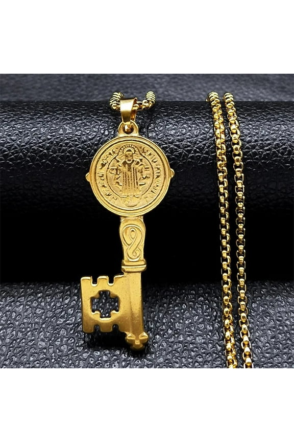 Catholic Saint Benedict Medal Key Necklace 14K Yellow Gold San Benito Chain Necklaces Religious Jewelry colar