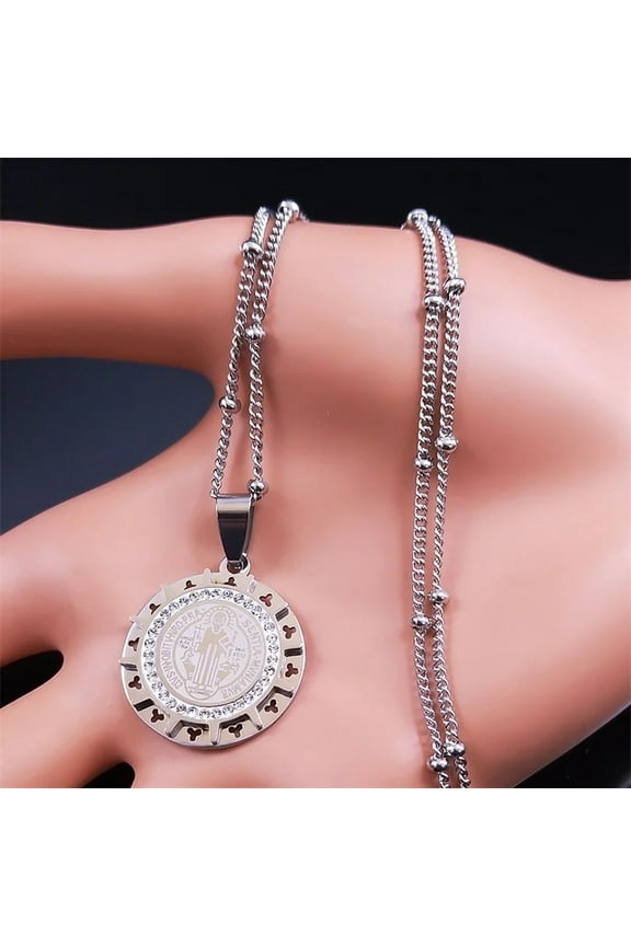Catholic Saint Benedict Medal Necklace for Women Men 14K White Gold San Benito Religious Chain Jewelry