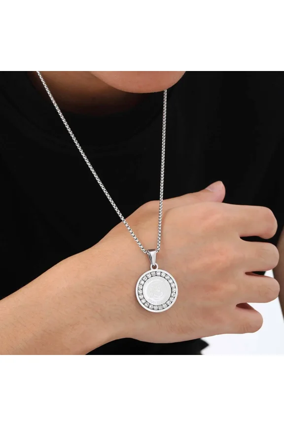 Catholic Saint Padre Pio Necklace for Men Women,14K White Gold Round Pendant Necklaces,Religious Prayer Jewelry Gift
