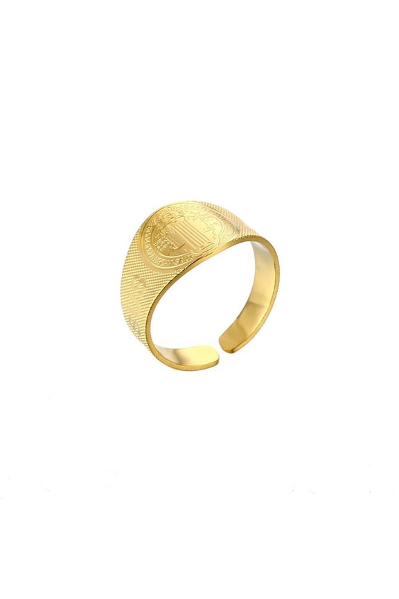 Catholic San Benito 14K Yellow Gold Open Rings For Male Religious Saint Benedict Shape Adjustable Anillos Hombre