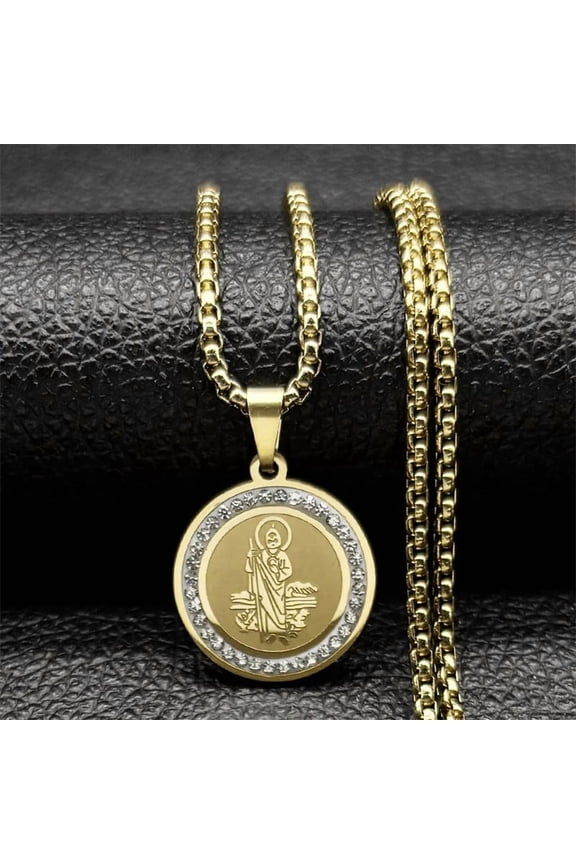 Catholic San Judas Medal Pendant Necklace for Women Men 14K Yellow Gold Saint Jude Chain Jewelry collar hombre