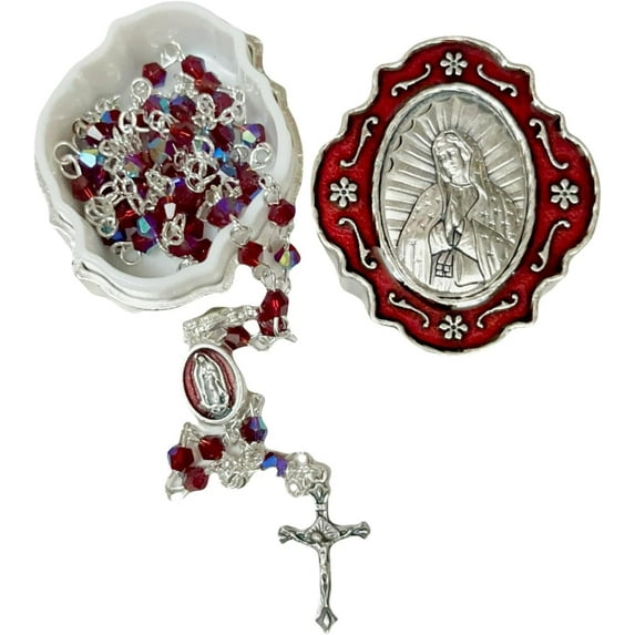 Catholic Silver Linked Rosary Set – 3mm Beads, 14.25" Length, Metal Keepsake Gift Box with Enamel Inlay – Perfect First Communion Gift - Lady of Guadalupe