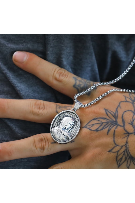 Catholic Virgin Mary Star Pendant Necklace for Women Men 14K White Gold Our Lady Prayer Chain Jewelry