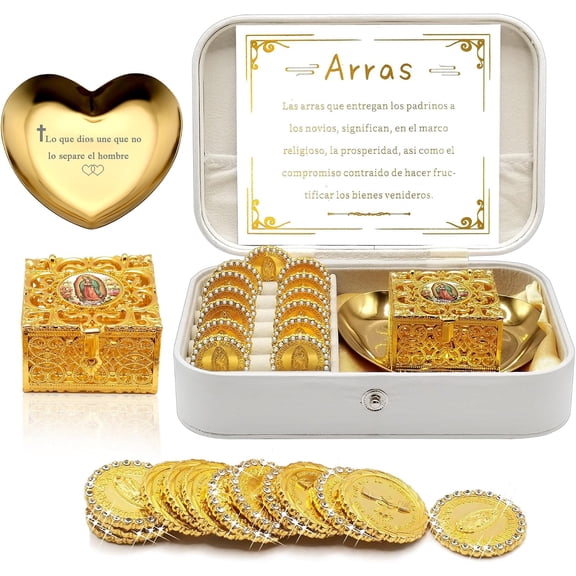 Catholic Wedding Arras Coin Set, 13 Virgen De Guadalupe Unity Coins with Rectangular Decorative Storage Box, Traditional Arras De Boda for Hispanic Wedding Ceremony Ritual Supplies