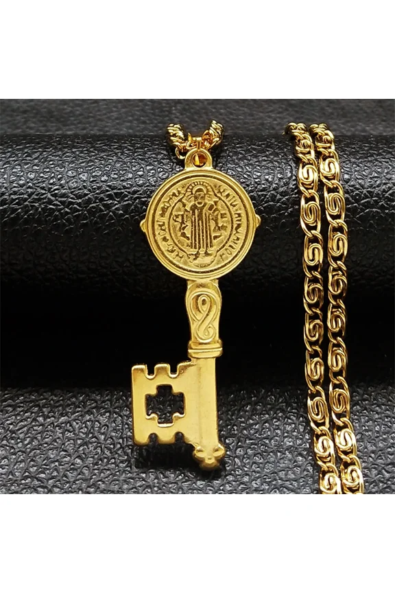 Catholicism Saint Benedict Key of Life Pendant Necklace for Women Men 14K Yellow Gold  Hip Hop San Benito Medal Necklaces Jewelry