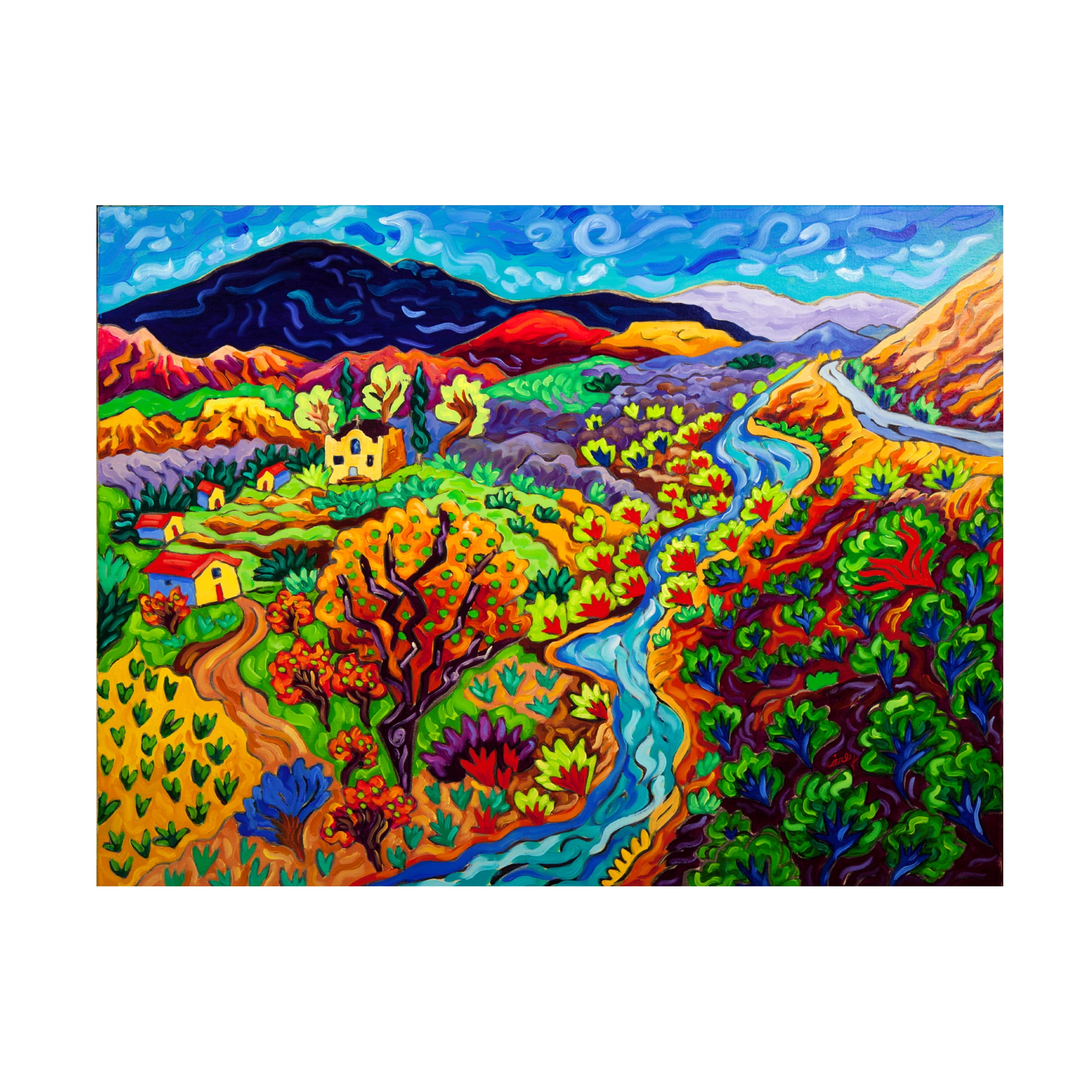Vibrant Landscape Canvas Art with River and Mountainscape