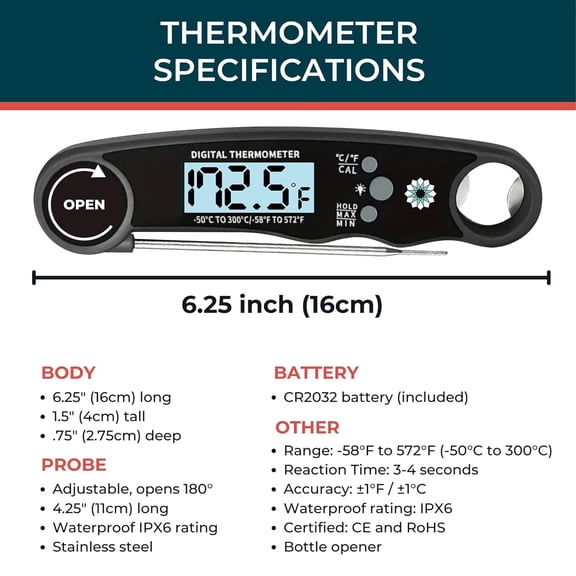 Cathy Yoder's Meat Thermometer Digital, Instant Read Food Thermometer for Cooking in Air Fryer Oven, BBQ, Grill & Baking. Measure Internal Temperatures Probe Easy Display Kitchen Grilling Accessories