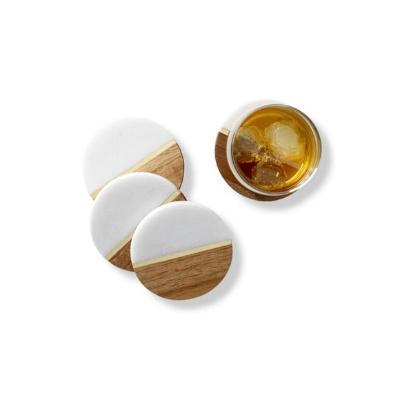 Cathys Concepts Marble and Acacia Monogrammed Coasters 4 Pc.