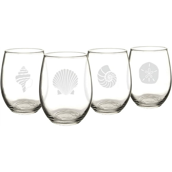 Cathy's Concepts SEA-1110 Seashell Stemless Wine Glasses  4 Unique Designs, Holds Up to 21 oz., 4-Glass Set