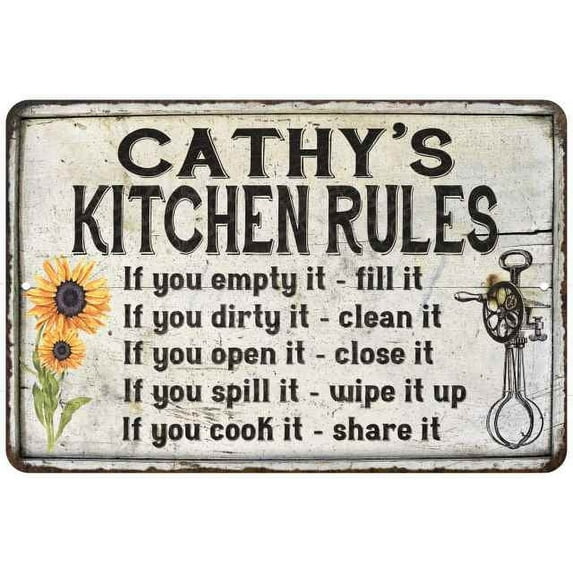 Cathy's Kitchen Rules Chic Sign Vintage Decor 8 x 12 High Gloss Metal 208120032166