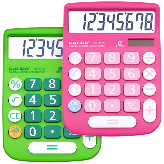 Catiga Electronics CD-8185 Dual Power Calculator, Large LCD & Buttons, 8 Digit,2 Pack, (Pink/Green)