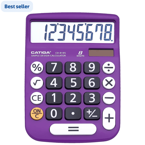 Catiga Electronics CD-8185 Dual Power Calculator, Large LCD & Buttons, 8 Digit, Purple