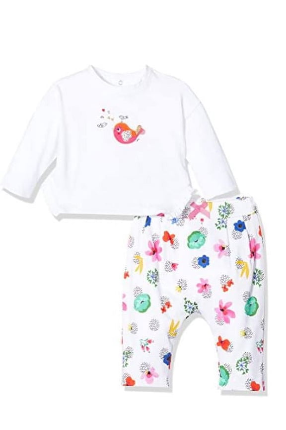 Long Sleeve T-Shirt with Printed Jersey Joggers - White - Spring Fish Floral - Size 12 Months