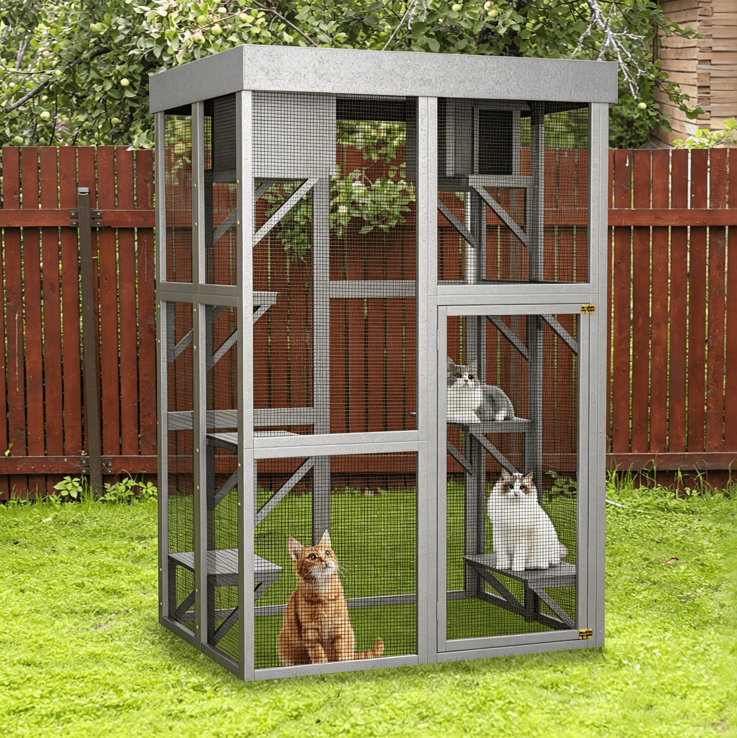 Catio Outdoor Cat Enclosure, large Indoor Wooden 70" Cat House cage with Waterproof Roof & Window Door for Multiple Cats, 2 Napping Houses & 6-Tier Playing Platforms, Gray