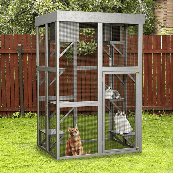 Catio Outdoor Cat Enclosure, large Indoor Wooden 70" Cat House cage with Waterproof Roof & Window Door for Multiple Cats, 2 Napping Houses & 6-Tier Playing Platforms, Gray
