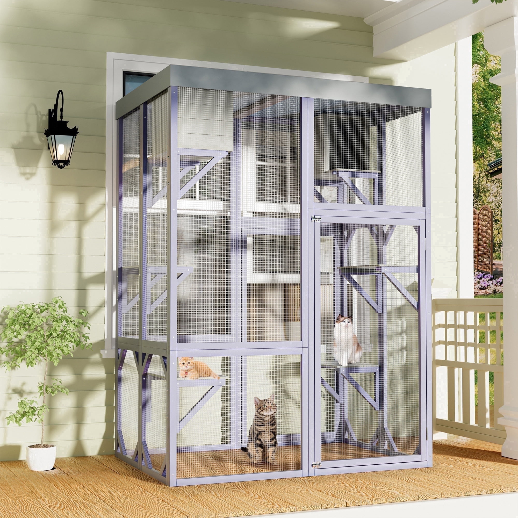HYJT-H&K 4-Story Waterproof Roof and Window Door Large Outdoor Cat House with 2 Napping Houses and 4-Tier Playing Platforms, Gray