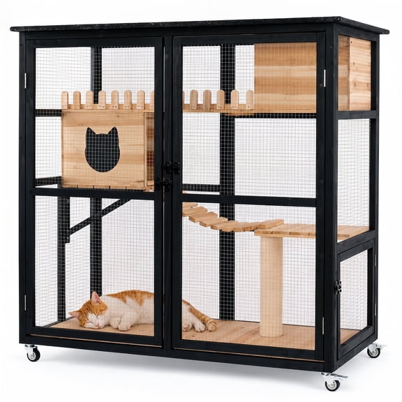 Catio Outdoor Cat Enclosure, 4-Level Wooden Cat Enclosure with Wheels, 3 Access Doors For Easy Cleaning, Weatherproof Asphalt Roof
