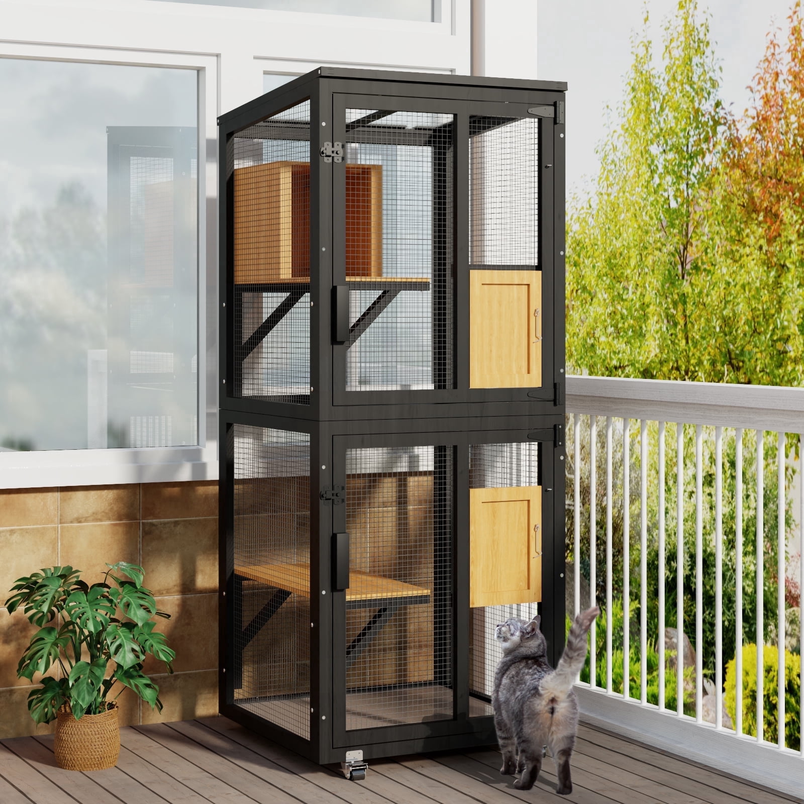 TIMHAKA Outdoor Cat Catio Enclosure, 4 Tiers Indoor Catio w/ Wheels, Resting Box, Waterproof Roof, Black & Yellow