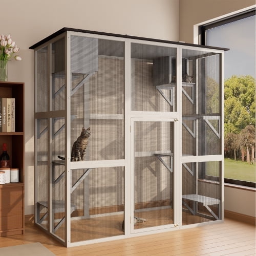 Catio Outdoor Cat Enclosure, Large Wood Cat House for Multiple Cats, Walk in Kitty Cage with 6 Platforms & 2 Resting Boxes, Outdoor Cat Shelter Enclosure with Waterproof Roof